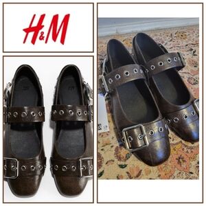 H&M Size 9 Brown Vegan Leather Buckle Mary Jane Shoes Flats